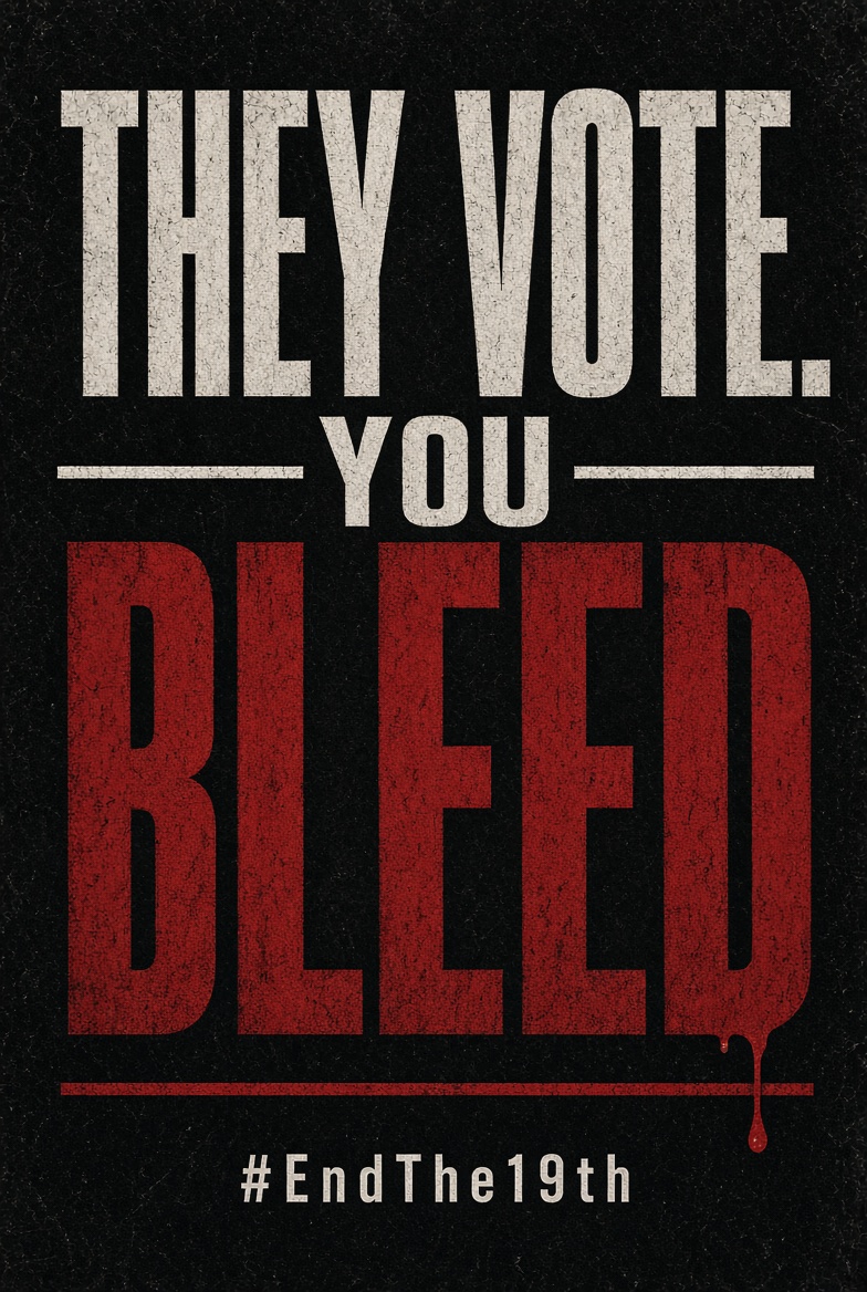 Poster A, black field: They vote. You bleed. #EndThe19th